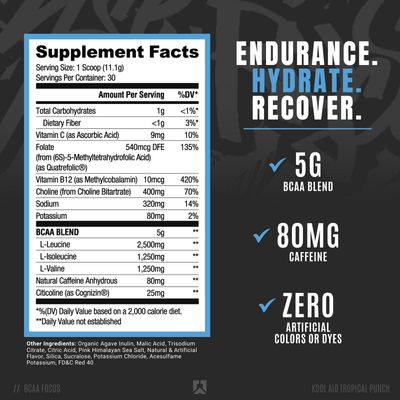 Ryse BCAA Focus Powder - Kool-Aid Tropical Punch - BCAA Supplement with Electrolytes, Natural Caffeine Cognizin Supports for Hydration, Recovery, Energy, and Focus for Men Women - 30 Servings