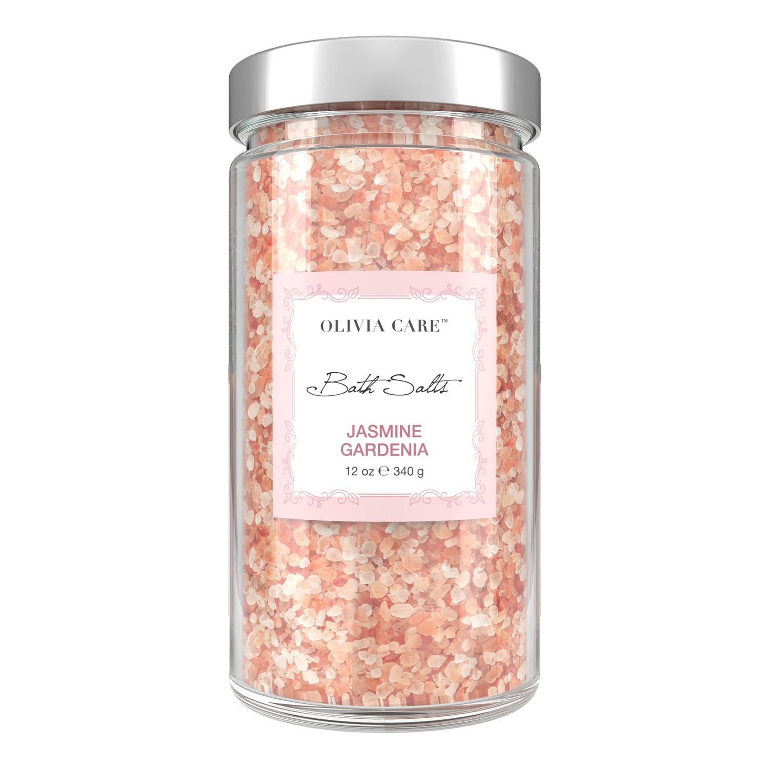 Olivia Care Pink Himalayan Bath Salts Exfoliate, Heal, Rejuvenate, Cleansing Soothes Skin Made with Natural Ingredients. Fresh Fragrance - 12 OZ (Jasmine Gardenia, 1 Pack)