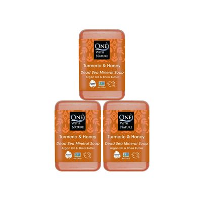 DEAD SEA Salt TURMERIC HONEY SOAP 4oz Bars 3pk, Shea Butter, Argan Oil. For Problem Skin, Skin Detox, Acne Treatment, Eczema, Psoriasis, Anti Aging, Natural Essential Oil Fragrance