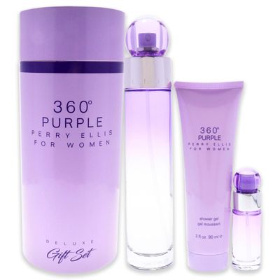 Perry Ellis 360 Purple Gift Set - 3.4 fl oz eau de parfum, 3 oz shower gel, 25 fl oz travel spray - blackberry, peach, pink apple, tuberose, muguet, rose, jasmine, mimosa, sandalwood, oak moss, musk