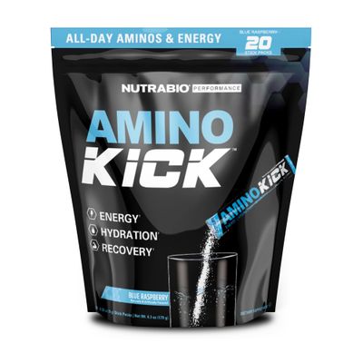 NutraBio Amino Kick Stick Pack - Amino Acids Supplement - BCAA Powder, Electrolytes for Hydration, Natural Caffeine- 20 Servings- Blue Raspberry