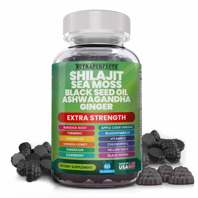 Shilajit Gummies with Irish Sea Moss Black Seed Oil Ashwagandha Ginger Elderberry Vitamin D3 Chlorophyll Turmeric Bladderwrack Advanced Strength Formula Resin Shilajit for Men Women