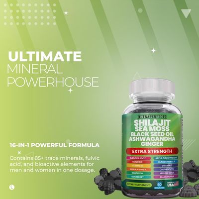 Shilajit Gummies with Irish Sea Moss Black Seed Oil Ashwagandha Ginger Elderberry Vitamin D3 Chlorophyll Turmeric Bladderwrack Advanced Strength Formula Resin Shilajit for Men Women