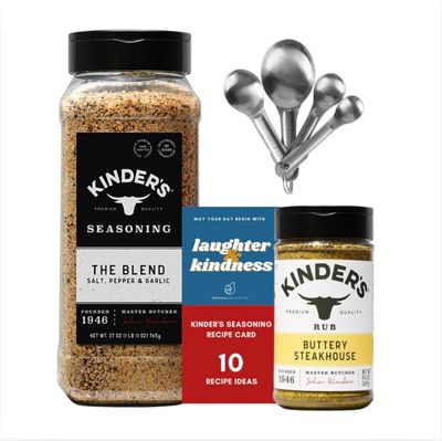 Kinders The Blend Seasoning XL (27 oz) Buttery Steakhouse (9.5 oz) Bundle with Foxlake Trading Measuring Spoon Set 10 Recipes - Kinders adds Flavorful Garlic and Spices to Any Dish, Gluten Free