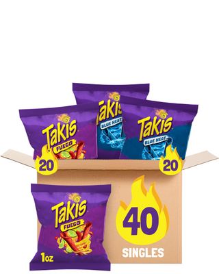 Takis 40 pc 1 oz Variety Pack, Assorted Flavored Mixed Rolled Tortilla Chips - (20) Fuego 1 oz, (20) Blue Heat 1 oz