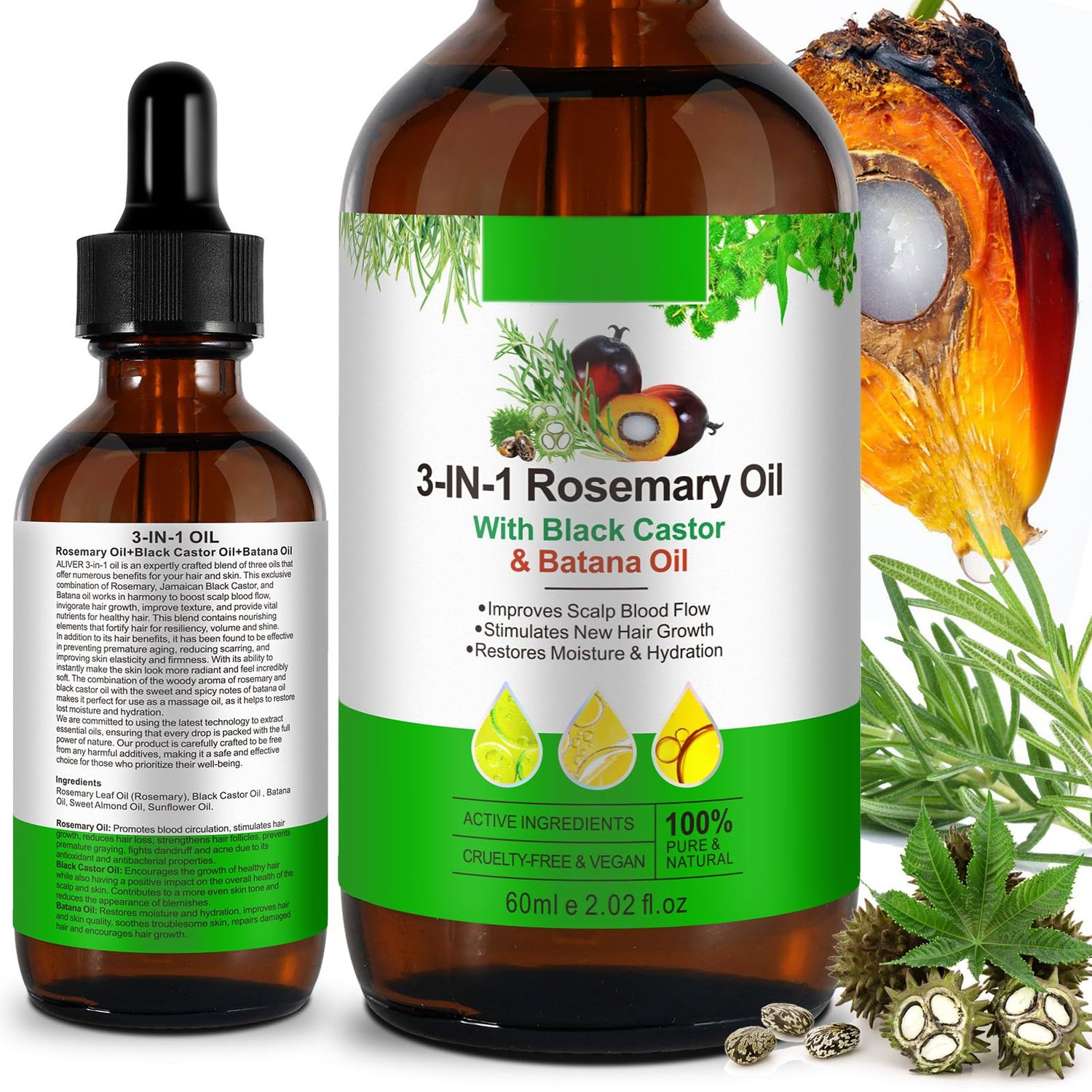 Valleylux 3-IN-1 Rosemary, Black Castor Batana Oil - Hair Growth, Skin Eyelash Care, Hair Strengthening for All Types (60ml)