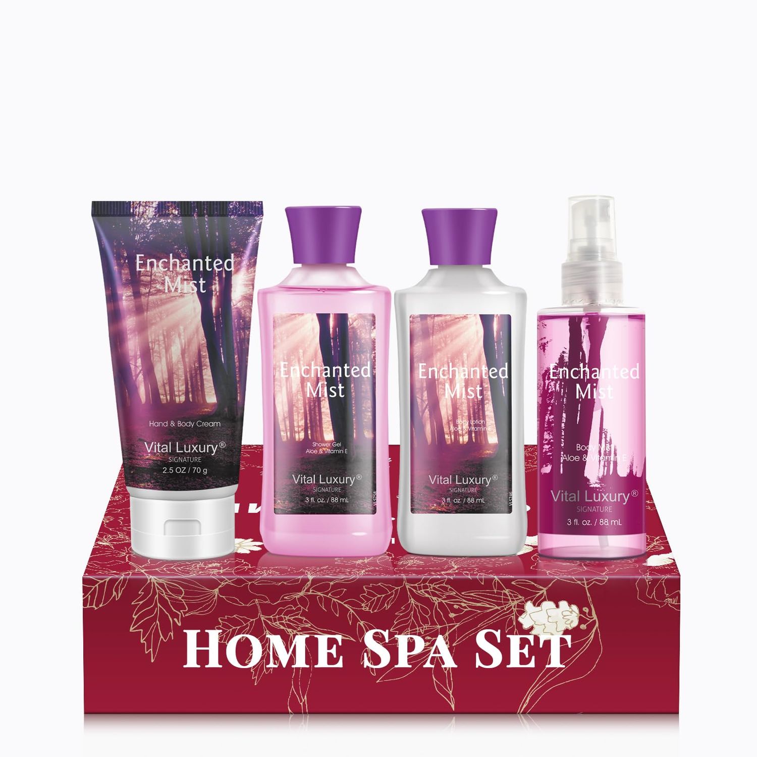 Vital Luxury Enchanted Mist Scent Bath Body Kit, 3 Fl Oz, Ideal Skincare Home Spa Set, Includes Body Lotion, Shower Gel, Body Cream, and Fragrance Mist