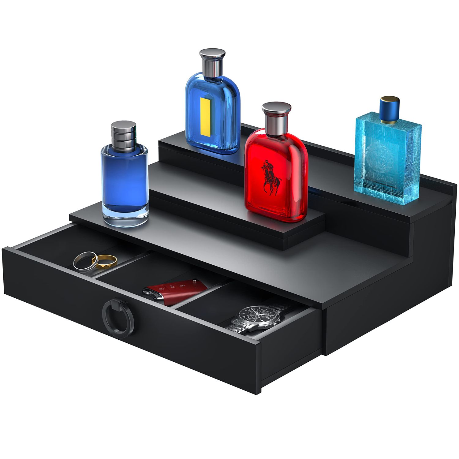 WINKINE Cologne Organizer for Men, Perfume Organizer for Dresser, Acrylic Display Shelf Cologne Stand with Hidden Compartment and Drawer, Cologne Holder Tray Shelf, Fragrance Organizer