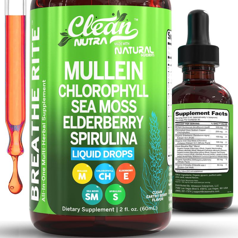 Clean Nutra Mullein Drops for Lungs Organic Chlorophyll Liquid Irish Sea Moss, Spirulina, Licorice, Tart Cherry Lobelia, Motherwort Elderberry Mullein Leaf Extract Tincture Men Women Supplement