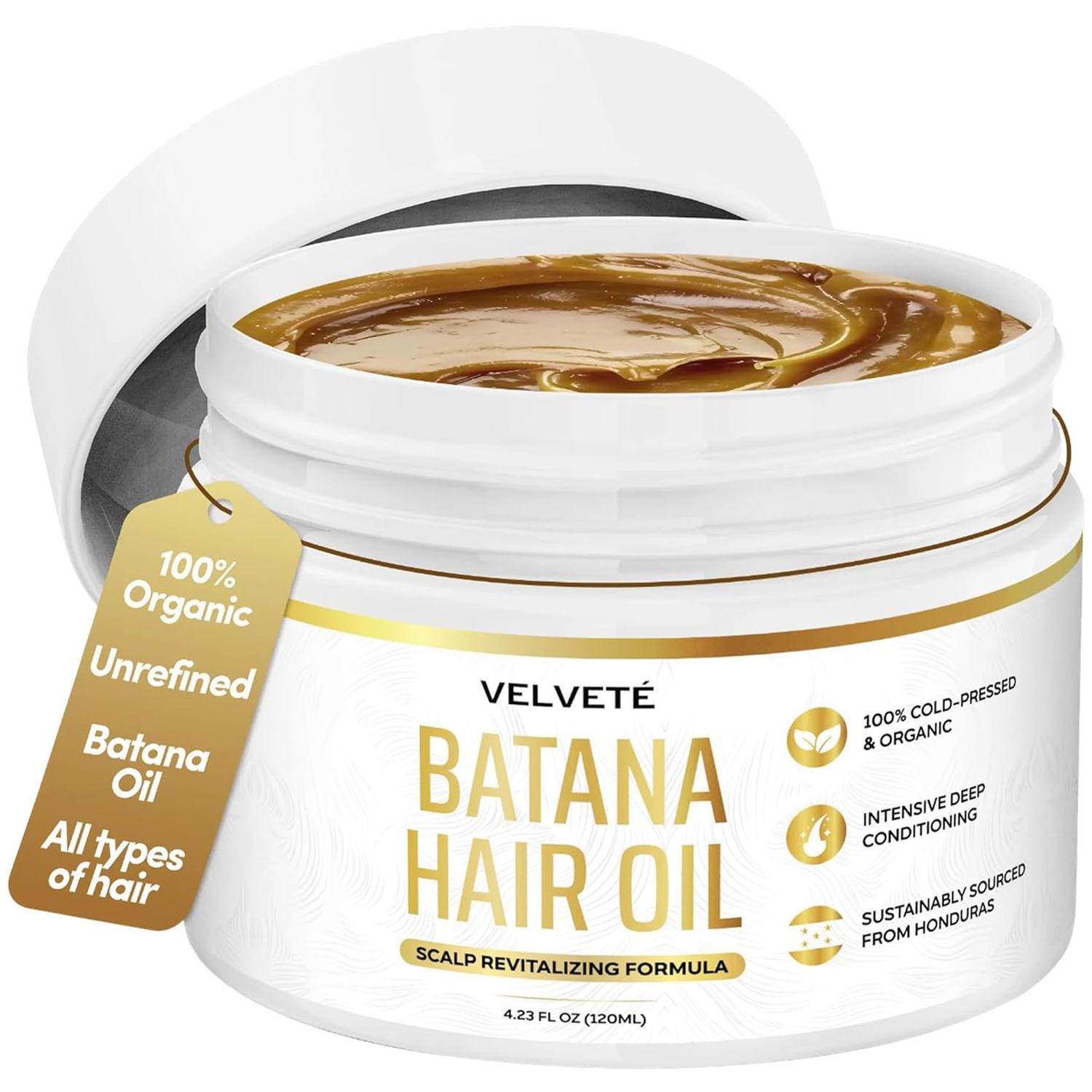 VELVET Premium Batana Oil for Hair Growth - 100 Organic, Unrefined and Raw - Dr. Sebi Natural Ingredients from Honduras - Promotes Thickness Strength - For Men and Women - 4.23Oz