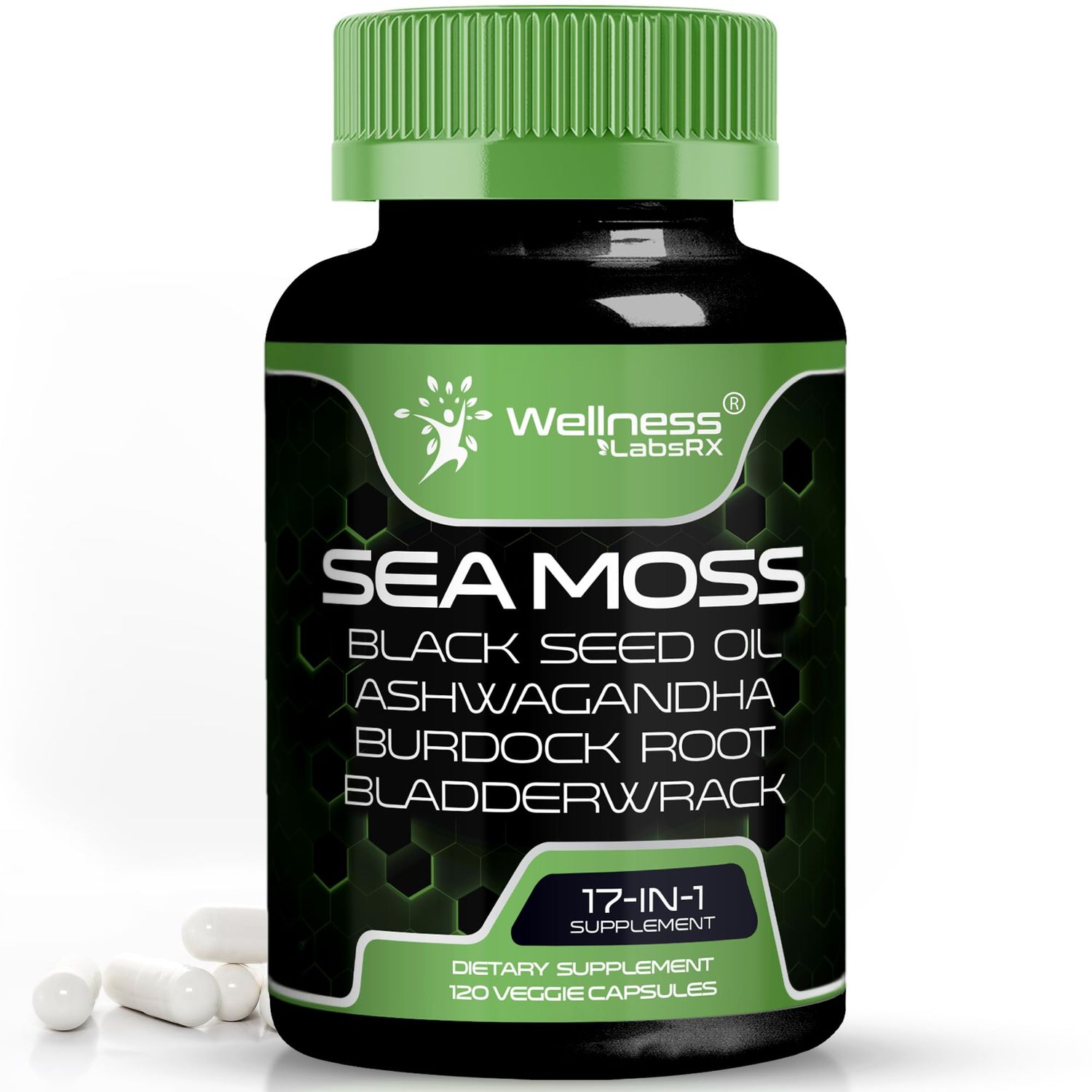 Irish Sea Moss Capsules, 17-in-1, Seamoss Black Seed Oil, 120 Count, Ashwagandha Burdock Root Organic Bladderwrack Capsules Organic Sea Moss Advanced, Immune and Blood Pressure Support