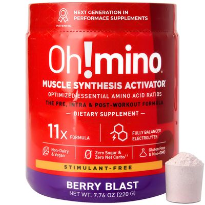 Oh!mino Amino Acids for Muscle Gain - BCAAs Amino Acids Powder Supplement for Pre Post Workout - Non Caffeine, Non Dairy, Vegan, Zero Sugar Net Carbs - 40 Servings (Berry Blast)