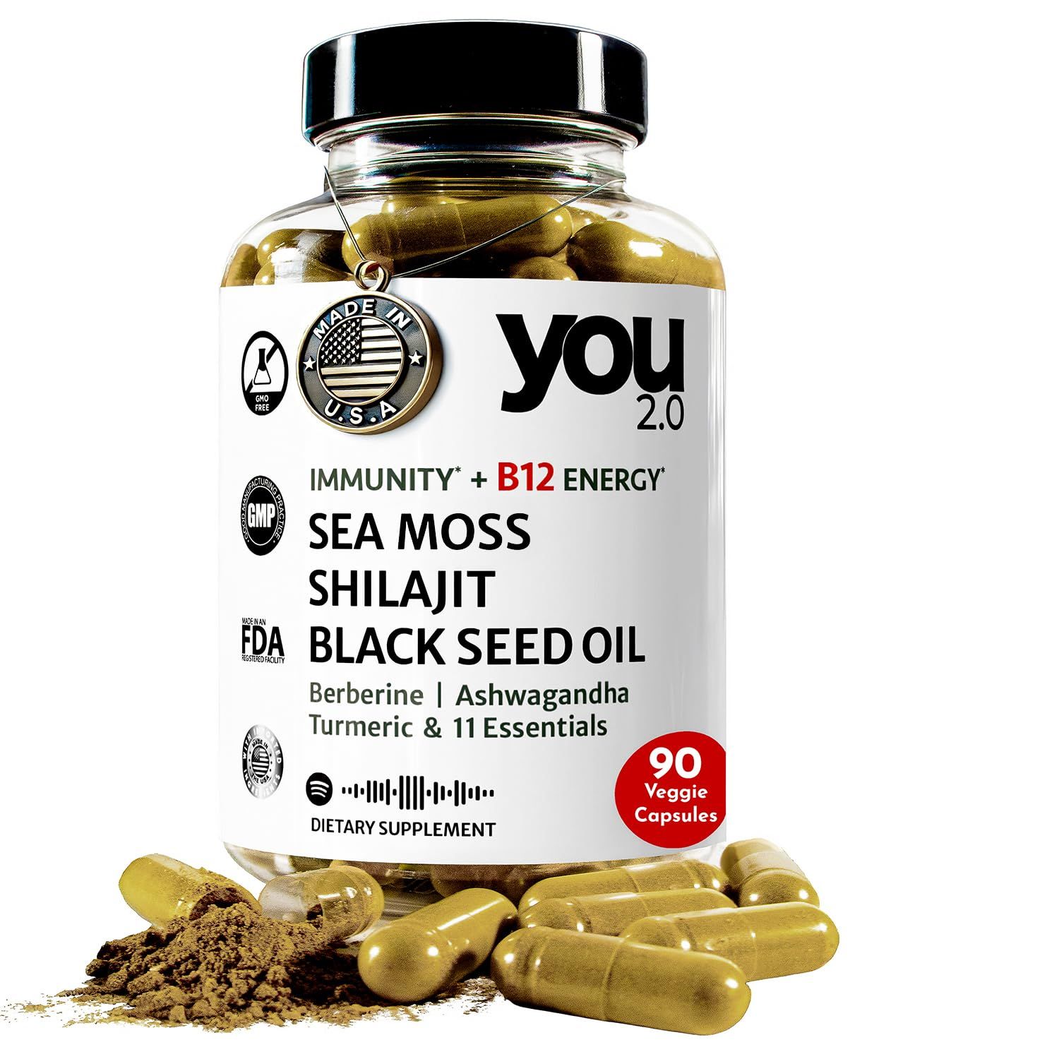 You2.0 Powerhouse Superfood with Seamoss, Shilajit, Ashwagandha, Berberine, Maca, Black Seed Oil, Turmeric, Vitamin C, D, B12, K2 - Moringa, Apple Cider, Made in USA for Overall Health Immunity