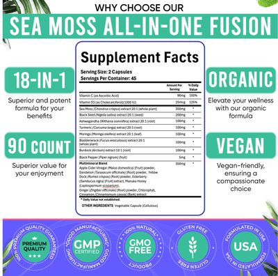 Sea Moss Black Seed Oil Ashwagandha Ginger Capsules. Sea Moss Capsules with Black Seed Oil, Ashwagandha, Turmeric, Moringa, Bladderwrack, Burdock Root, Manuka Honey, Cinnamon.