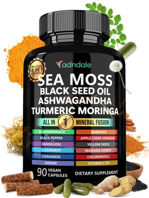 Sea Moss Black Seed Oil Ashwagandha Ginger Capsules. Sea Moss Capsules with Black Seed Oil, Ashwagandha, Turmeric, Moringa, Bladderwrack, Burdock Root, Manuka Honey, Cinnamon.