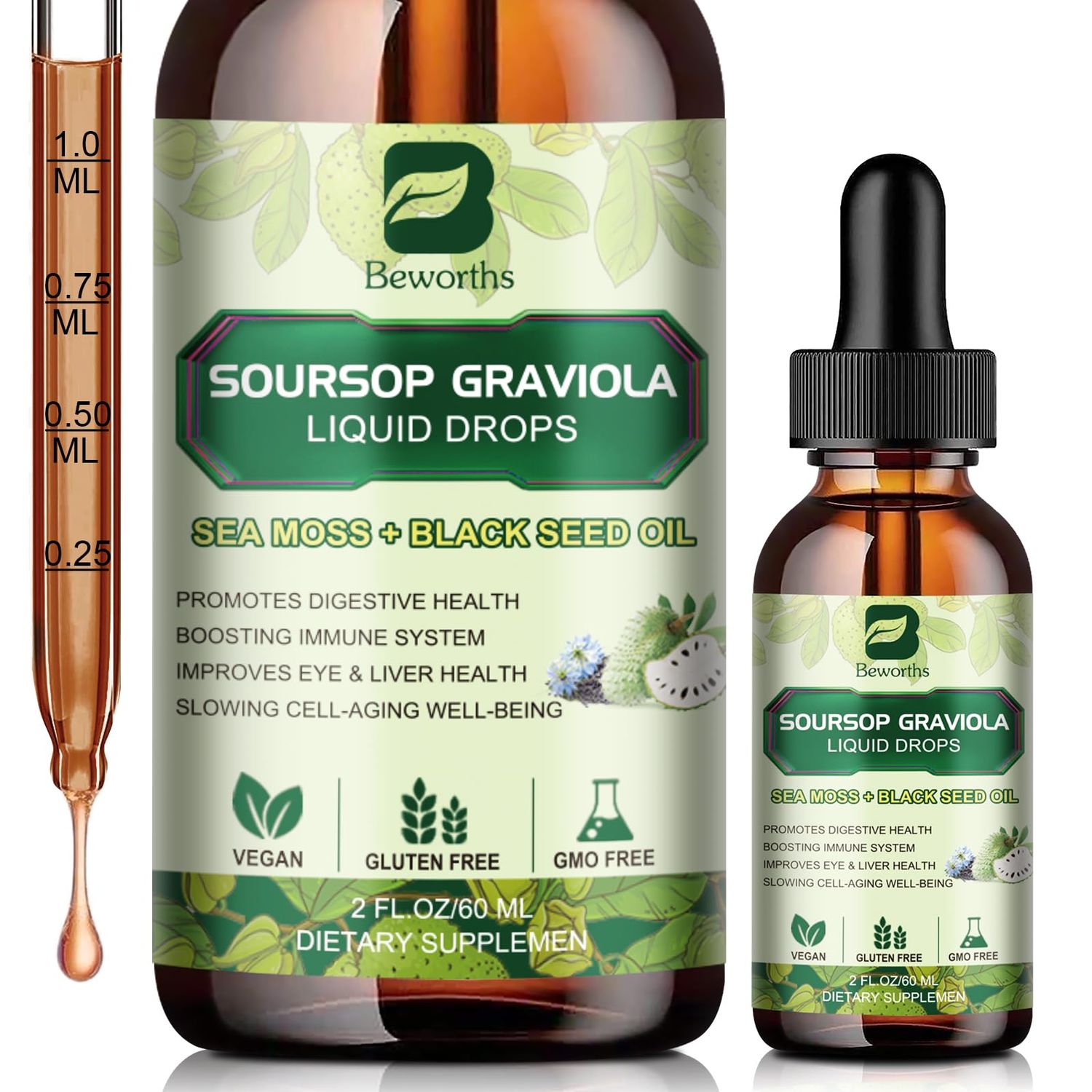 Soursop Bitters Liquid Drops, Soursop Graviola Leaf Extract Multivitamin Drops with Sea Moss Black Seed Oil Supplement - Supports Antioxidant, Slowing Cell-Aging, Gut Cleanse, Detox Immunity Health