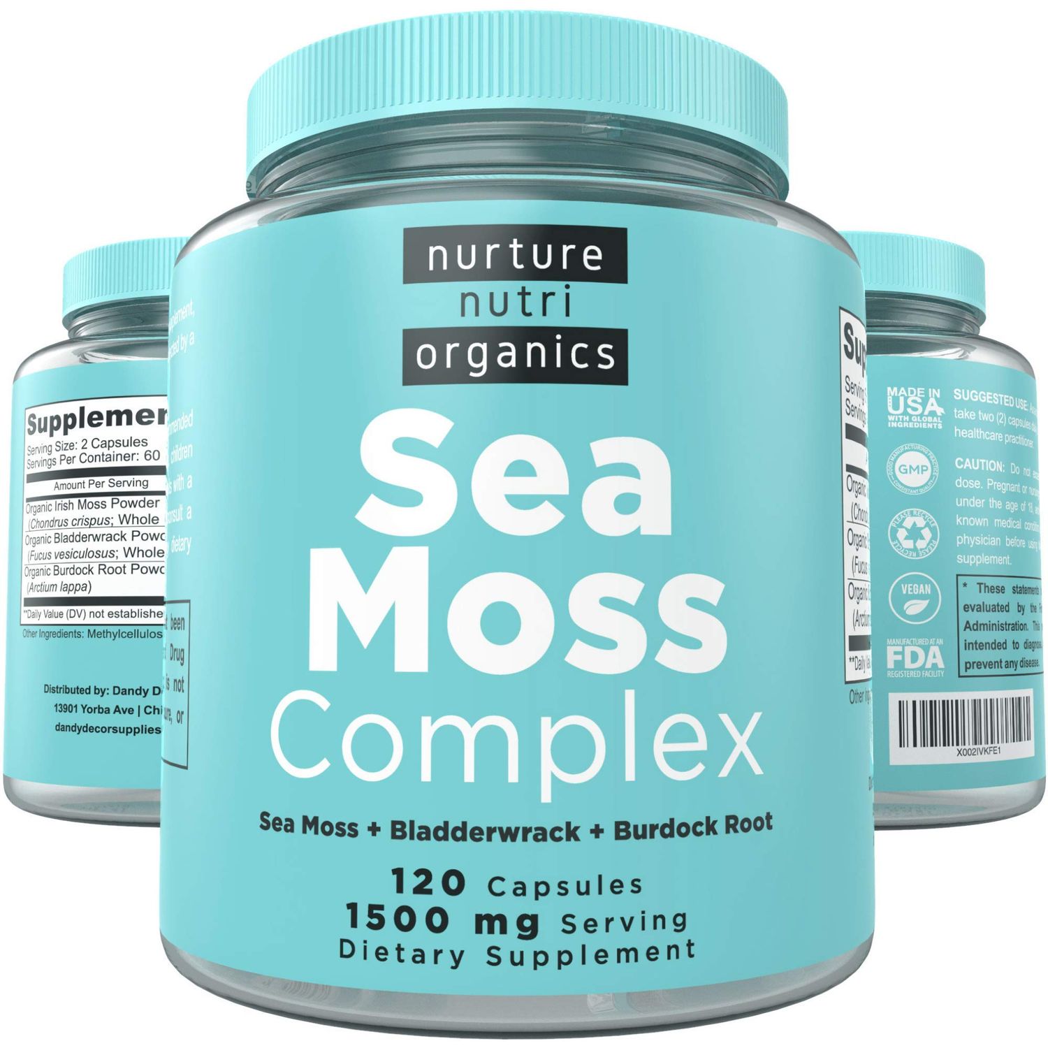 Nurture Nutri Organic Sea Moss Complex - 120 Irish Sea Moss Capsules Sea Moss Organic Irish Sea Moss Organic Raw Seamoss Raw Organic Sea Moss and Bladderwrack Capsules Seamoss Pills
