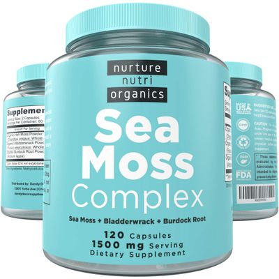 Nurture Nutri Organic Sea Moss Complex - 120 Irish Sea Moss Capsules Sea Moss Organic Irish Sea Moss Organic Raw Seamoss Raw Organic Sea Moss and Bladderwrack Capsules Seamoss Pills
