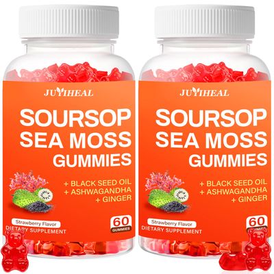 (2 Pack) Soursop Graviola Gummies, Soursop Leaves Extract with Sea Moss, Black Seed Oil, Vitamin C for Cell Support Regeneration, Immunity, Liver and Antioxidant, Gluten Free, Vegan 60 Gummies