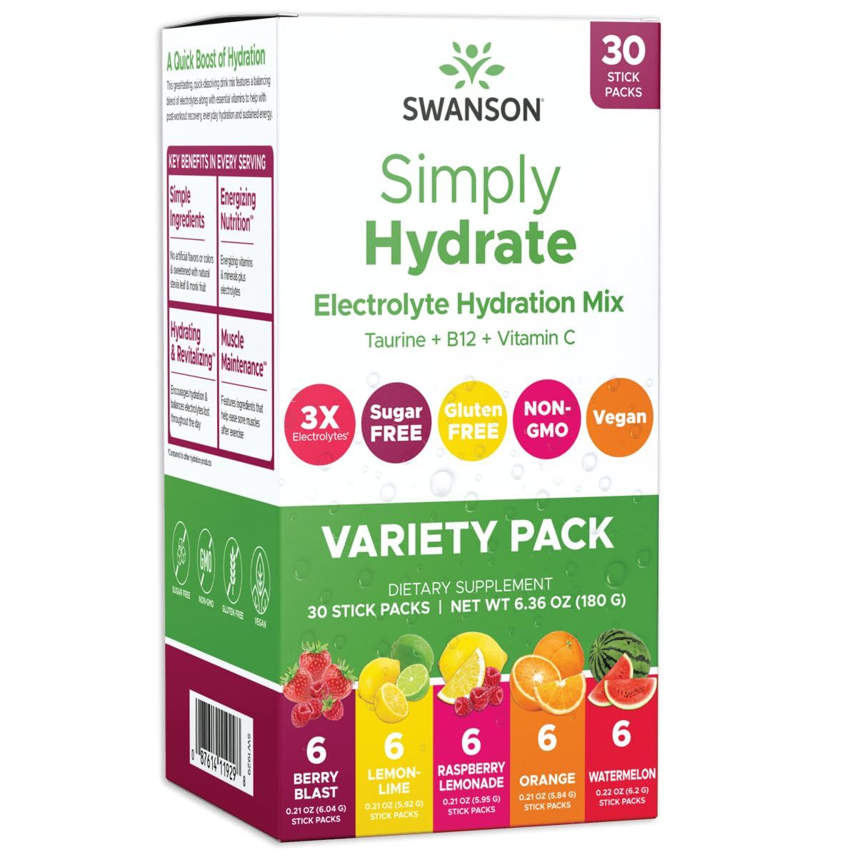 Swanson Simply Hydrate Electrolyte Hydration Mix - Variety Pack with Berry Blast, Lemon Lime, Raspberry Lemonade, Orange, Watermelon (30 Stick Packs)