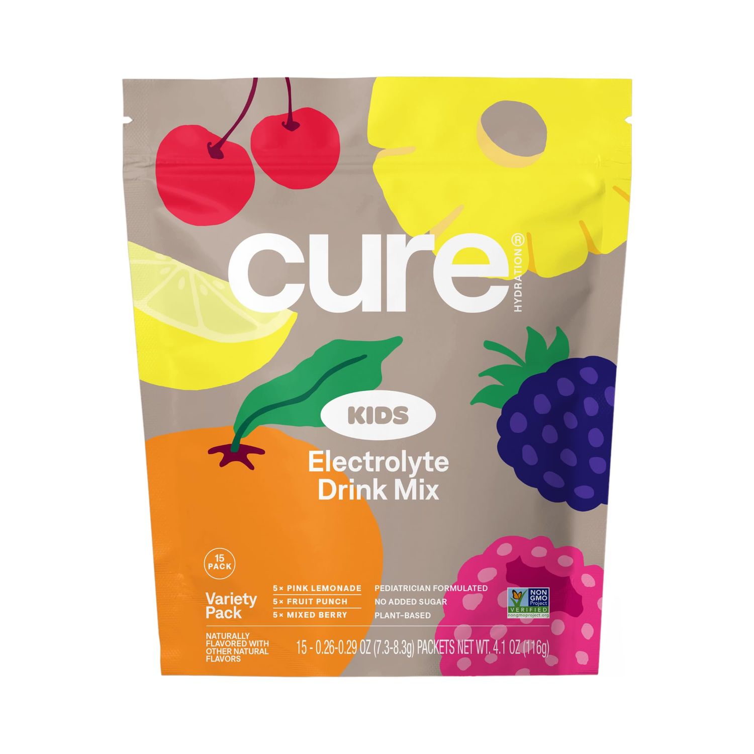 Cure Hydration - Kids Electrolyte Drink Mix Plant-Based Pediatrician Formulated Rehydration No Added Sugar, Non-GMO, Gluten-Free, No Artificial Flavors Pouch of 15 Packets - Variety Pack