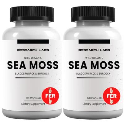 Research Labs 2 Fer 1 Ad Organic Irish Sea Moss Capsules 240 Total Pills, Raw Wildcrafted Seamoss Enhanced wBladderwrack Burdock Root Antioxidant Powerhouse. Thyroid Support