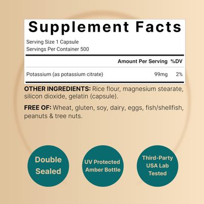 Potassium Citrate Supplement 99mg, 500 Capsules Easily Absorbed Chelated Form - Essential Mineral Electrolyte Balance - Supports Muscle, Bone, Heart Health - Non-GMO