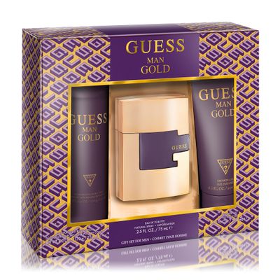 GUESS Man Gold 3 Pieces Gift Set for Men, (2.5 Ounce Eau de Toilette Spray 6.0 Deodorant Spray 6.7 Shower Gel)