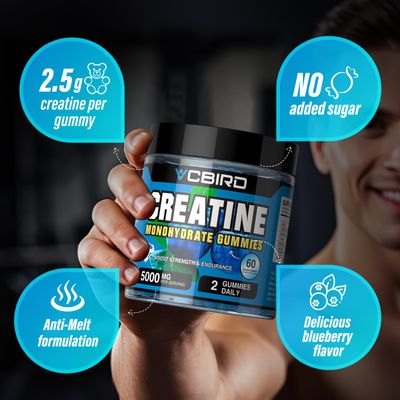 VCBIRD Creatine Monohydrate 5g Per Serving, No Sugar Creatine Supplements Support for Strength, Performance, Energy, Recovery, Gluten-Free Creatine for Women and Men (60 Gummies)