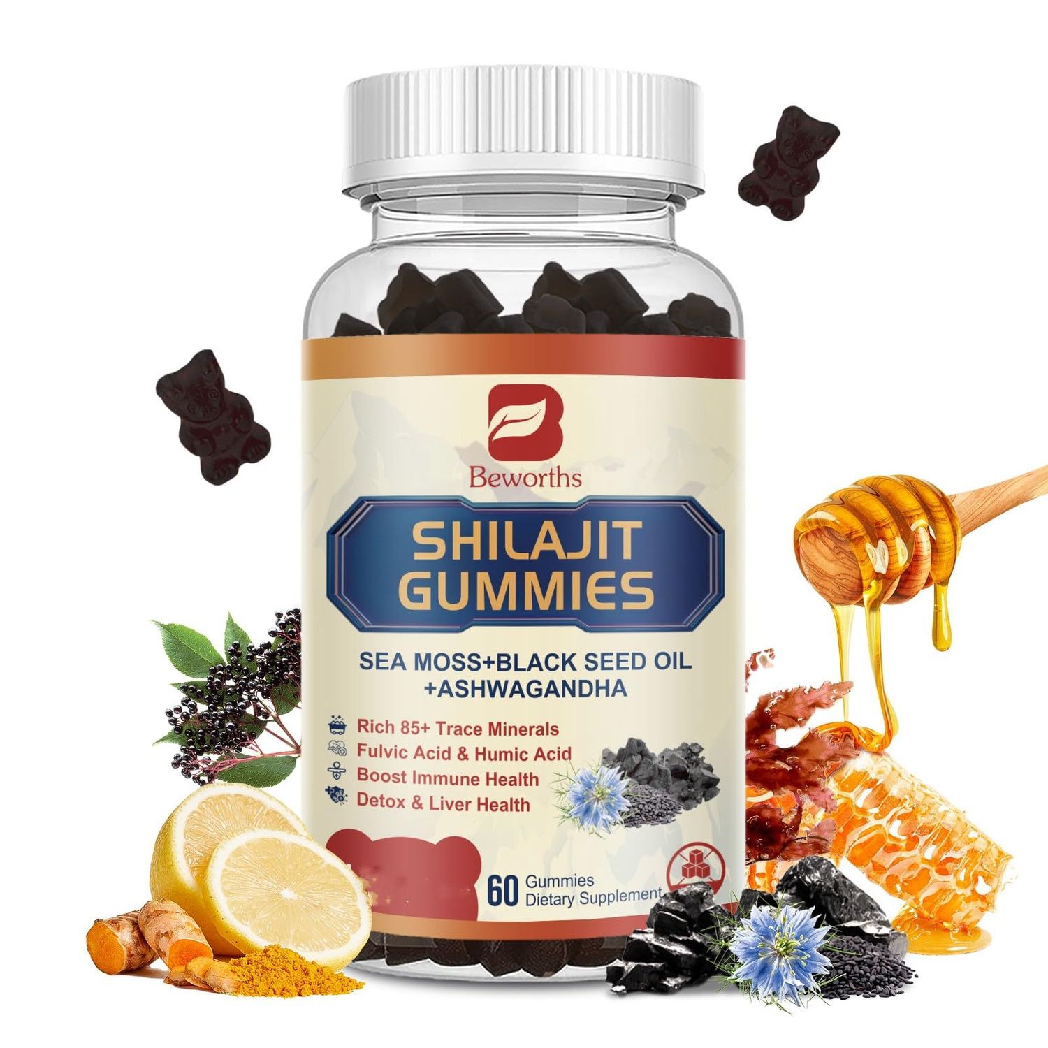 Shilajit Resin Gummies, Shilajit Irish Sea Moss Supplement with Ashwagandha, Black Seed Oil, Panax Ginseng, Honey, Shilajit Gummies with 85 Trace Minerals Fulvic Acid for Energy, Digestion Health