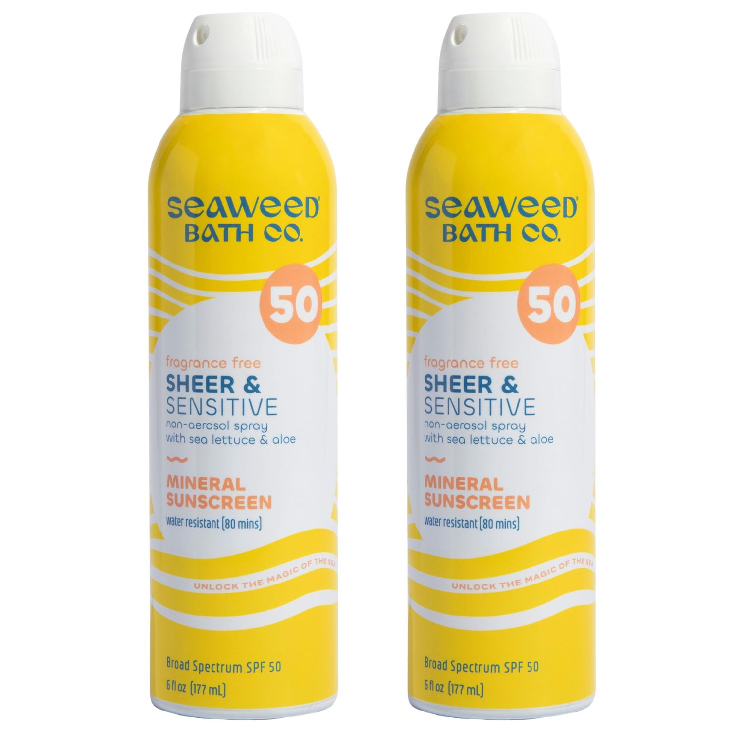 Seaweed Bath Co. Sheer Mineral Sensitive SPF 50 Broad Spectrum Sunscreen Spray, 6 Ounce (Pack of 2), Fragrance Free, Sustainably Harvested Seaweed, Sea Lettuce, Aloe