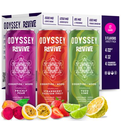 Odyssey Revive Sparkling Hydration Drink wL Theanine, Lions Mane, Cordyceps and Electrolytes, Caffeine Free Natural Energy Drinks, Vegan, Non-GMO, 12 Fl oz, Variety Pack, 12 Cans