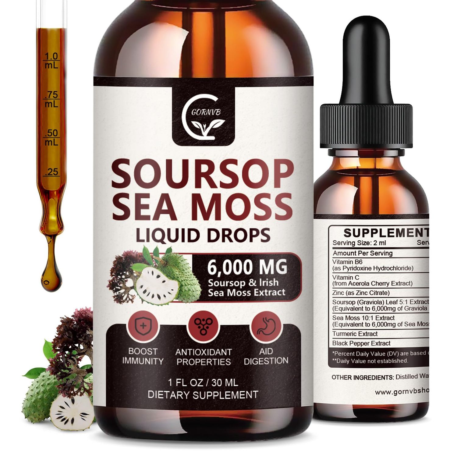 GORNVB (2 Pack) Soursop Graviola Liquid Drop, Soursop Bitters Multivitamin Liquid with Sea Moss Turmeric, 98 Absorption for Cell Support Regeneration, Immune Boost and Liver, 1 Fl Oz