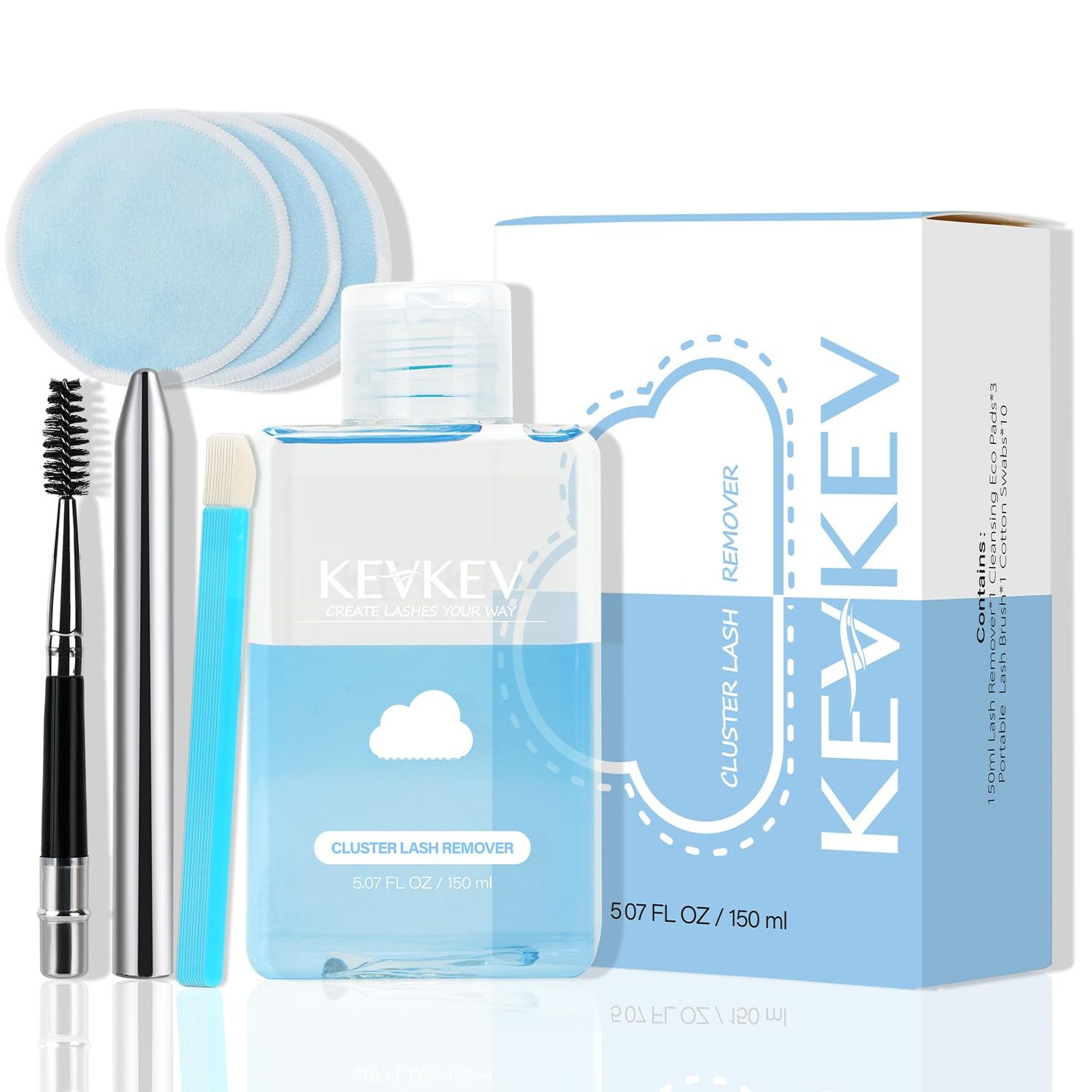 KevKev Lash Remover for Lash Clusters Eyelash Glue Remover Individual Lash Glue Remover 150ml for Cluster Lashes with Eco Cotton Pads Mild Non-Irritating Fast Remove No Residue (150ML, No Fragrance)