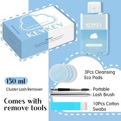 KevKev Lash Remover for Lash Clusters Eyelash Glue Remover Individual Lash Glue Remover 150ml for Cluster Lashes with Eco Cotton Pads Mild Non-Irritating Fast Remove No Residue (150ML, No Fragrance)