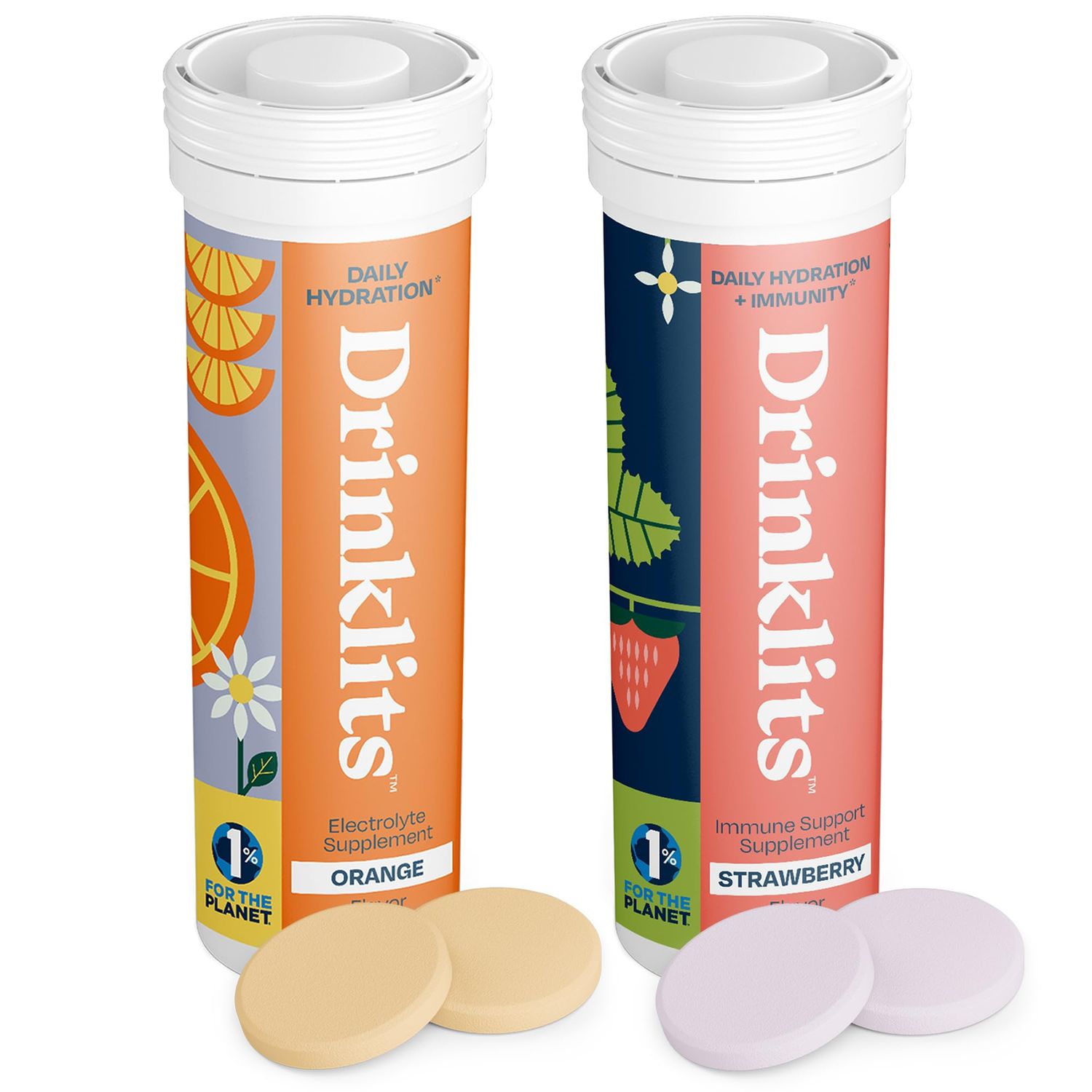Drinklits Orange Daily Hydration Tablets Strawberry Immunity Tablets (2) Tube Pack Essential Electrolytes - Great Taste - Immune Support 20 Servings (10 Tablets Per Tube)