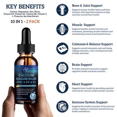 (2 Pack) 10 in 1 Magnesium Calcium Zinc Supplement with Vitamin C D3 K2, Glycinate Mag Vegan Liquid Drops Plus L-Theanine Boron Sea Moss Extract, Immune Support, Bone, Sleep Leg Cramps, 1 Fl Oz