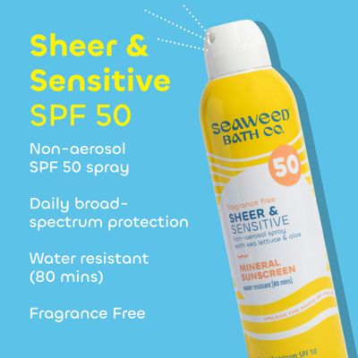 Seaweed Bath Co. Sheer Mineral Sensitive SPF 50 Broad Spectrum Sunscreen Spray, 6 Ounce (Pack of 2), Fragrance Free, Sustainably Harvested Seaweed, Sea Lettuce, Aloe