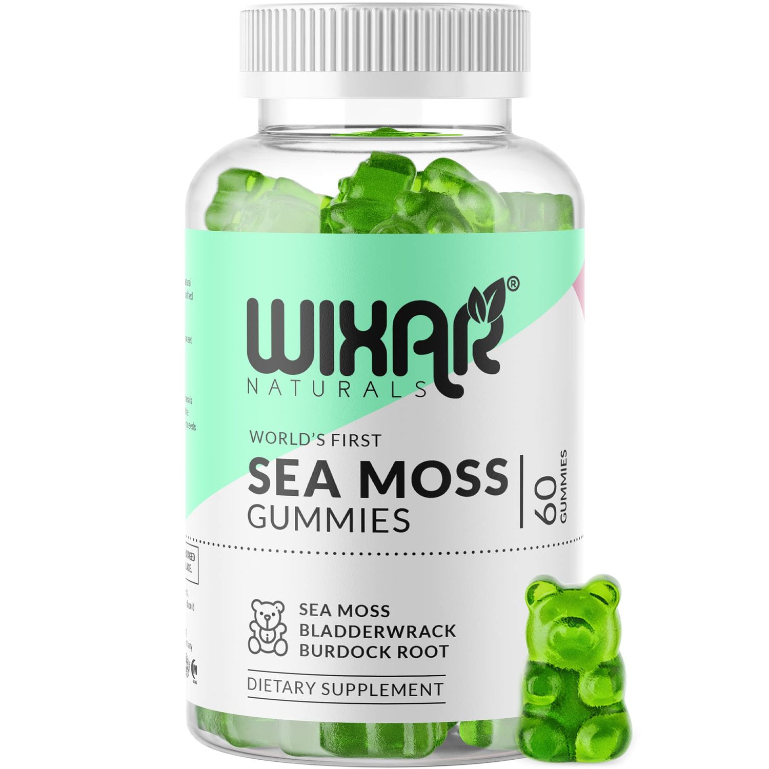 WIXAR NATURALS Sea Moss Gummies - Natural Irish Sea Moss and Bladderwrack with Burdock Gummy - 60 Gummies - Vegan - Healthy Immune, Gut Overall Wellness Support - Herbal Alkaline Supplements