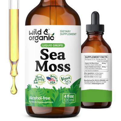 Wild Organic Sea Moss Drops - Overall Support with Irish Seamoss and Bladderwrack - Multimineral Chondrus Crispus Tincture - Vegan, Sugar Alcohol-Free Liquid Supplement - 4 fl oz