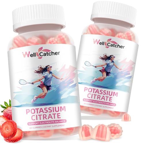 Potassium Citrate Gummies for Adults Men Women - High Potassium Supplement 500 MG Sugar Free Support Electrolyte Balance Leg Cramps Vegan Non-GMO Organic Strawberry Flavor 2 Packs