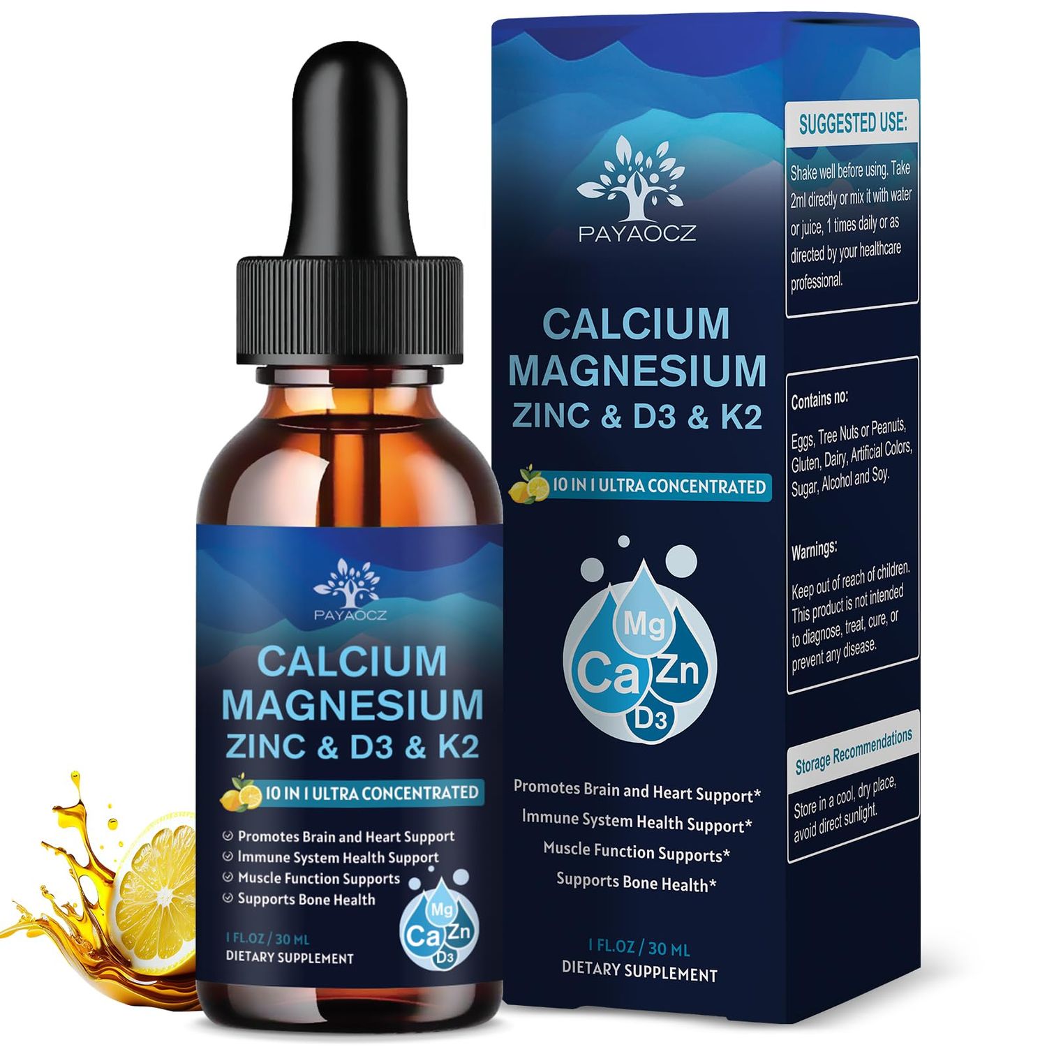 (2 Pack) 10 in 1 Magnesium Calcium Zinc Supplement with Vitamin C D3 K2, Glycinate Mag Vegan Liquid Drops Plus L-Theanine Boron Sea Moss Extract, Immune Support, Bone, Sleep Leg Cramps, 1 Fl Oz
