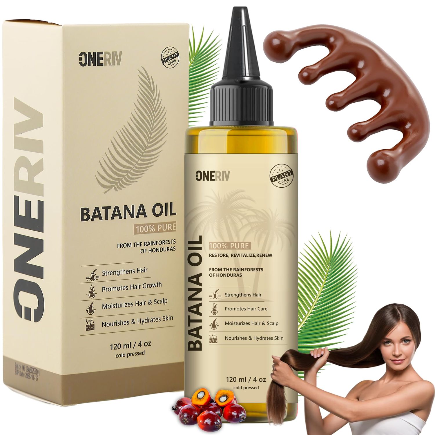 ONERIV Batana Oil for Hair Growth Cold-Pressed Organic Botana Oil from Honduras Deeply Nourishes Strengthen Hair Includes Wooden Massage Comb for Scalp Body (4 fl oz)