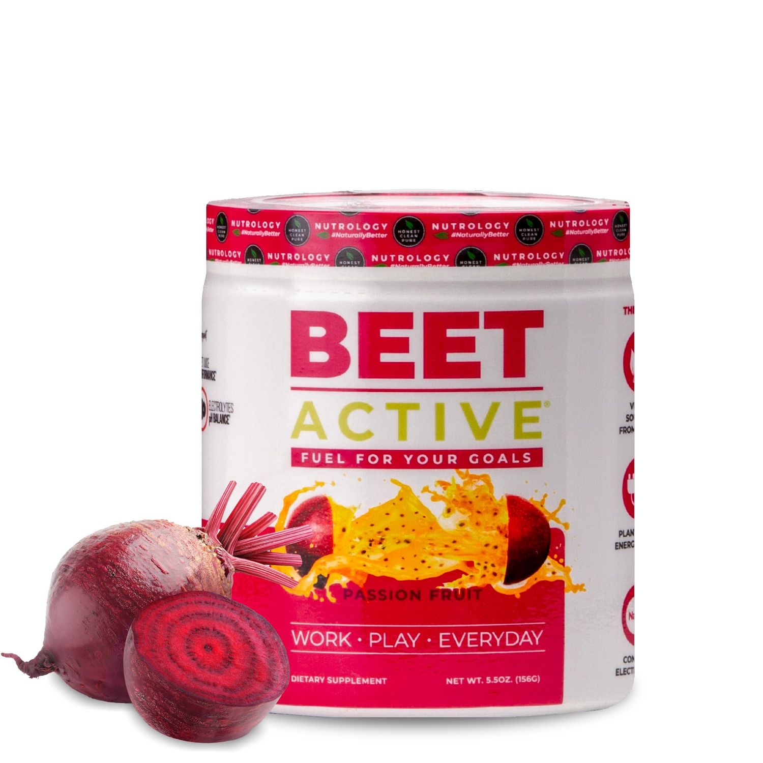 Nutrology Beet Active, Natural Pre-Workout Powder, Supports Energy, Endurance Nitric Oxide Flow with Beet Powder, Yerba Mate Electrolytes, Vegan Pre Workout, Passion Fruit Flavor, 30 Servings