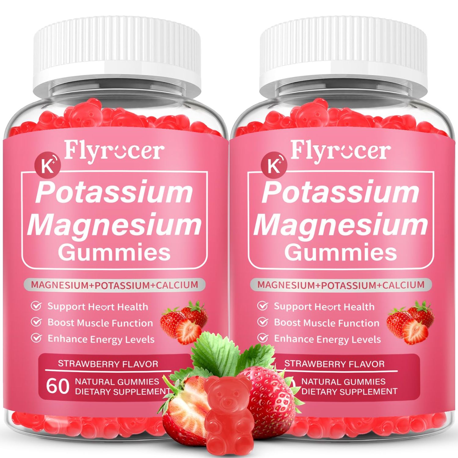2 Pack Potassium Magnesium Gummies for Men Women, Potassium Magnesium Supplement for Leg Cramps, Muscle Health, Electrolyte Balance, Strawberry Flavor, 120 Gummies