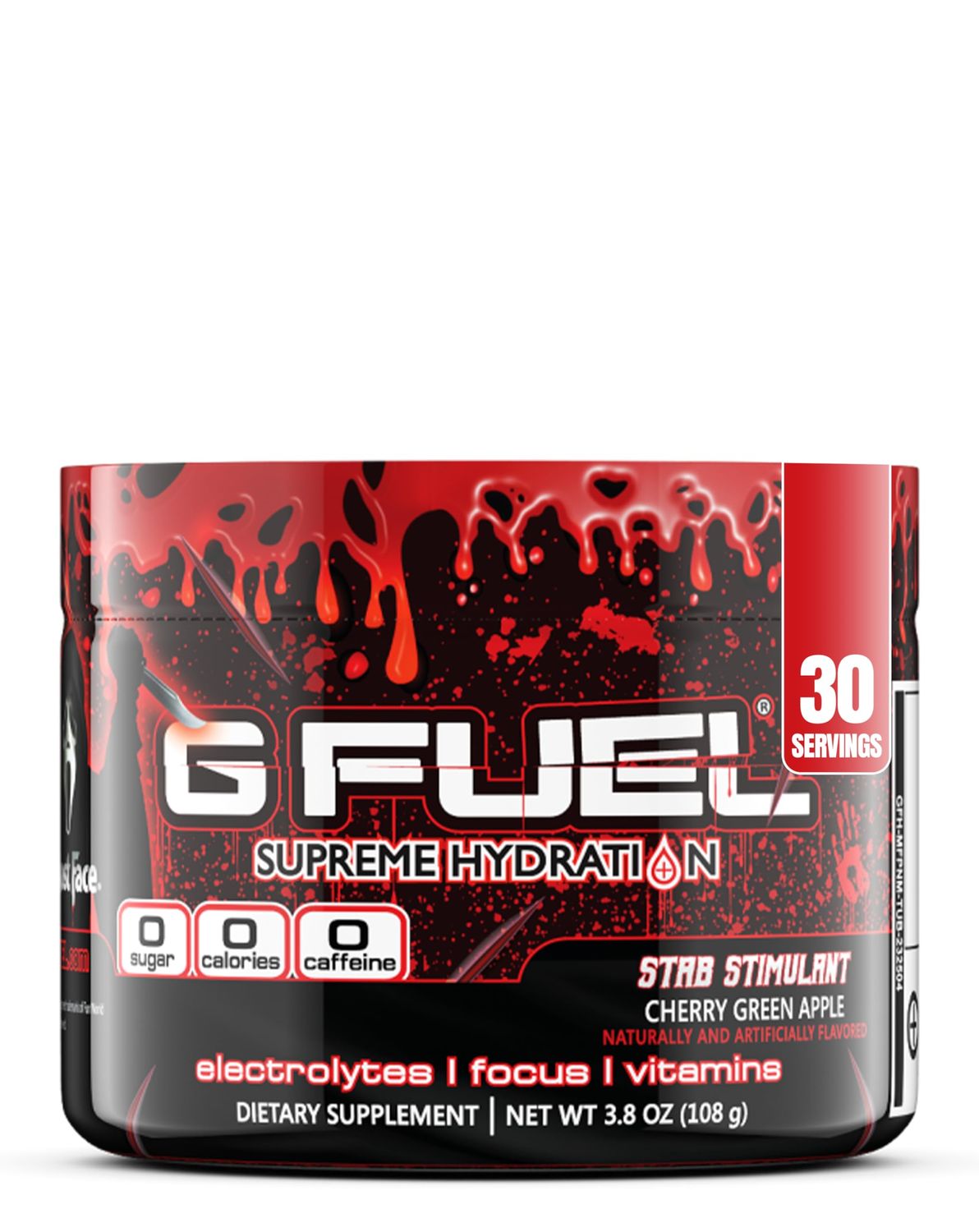 G Fuel Electrolyte Powder, Cherry Green Apple, Stab Stimulant, Zero Sugar and Caffeine-Free Hydration Mix with Electrolytes and Vitamins, 3.8 oz (Ghost Face, 30 Servings)