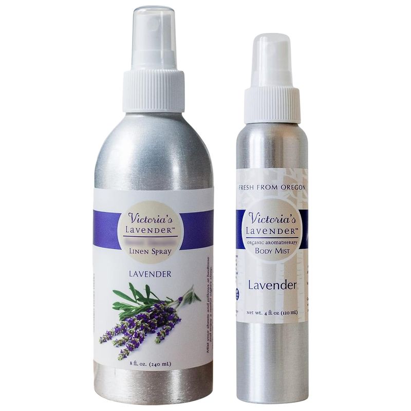 Victoria's Lavender Pillow and Linen Spray Mist (8 oz) and Aromatherapy Body Mist (4 oz) - After Sun Solar Recovery Spray with Aloe Vera and Lavender Essential Oil - Set of 2