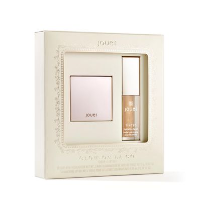 Jouer Glow On La Go Cheek Lip Set - Deluxe Ice Highlighter Diamond Shimmering Tinted Lip Oil - Highlighter Powder for Face - Luminizing Powder Shimmer Lip Oil