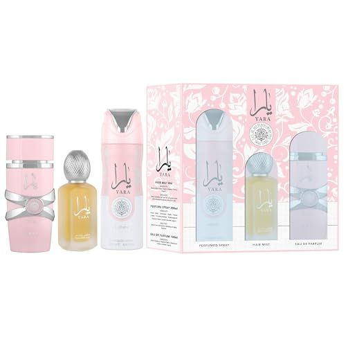 Lattafa Yara for Women 3 Piece Set (3.4 Oz Eau de Parfum Spray 1.7 Oz Hair Mist 6.7 Oz Deodorant Spray)