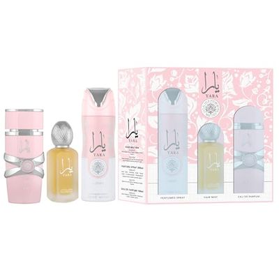 Lattafa Yara for Women 3 Piece Set (3.4 Oz Eau de Parfum Spray 1.7 Oz Hair Mist 6.7 Oz Deodorant Spray)